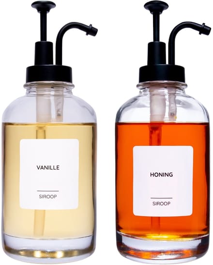 Siroopflessen - Set van 2 - Gouden pompje - Witte labels - Koffie dispenser - 500ml