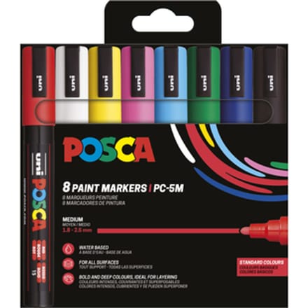 Posca Marker, afm pc-5m , lijndikte 2,5 mm, medium, diverse kleuren, 8 stuk/ 1 doos je -