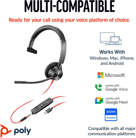 HP Poly Blackwire C3315 On Ear headset Kabel Mono Zwart Ruisonderdrukking (microfoon), Noise Cancelling Headset, Volumeregeling, Microfoon