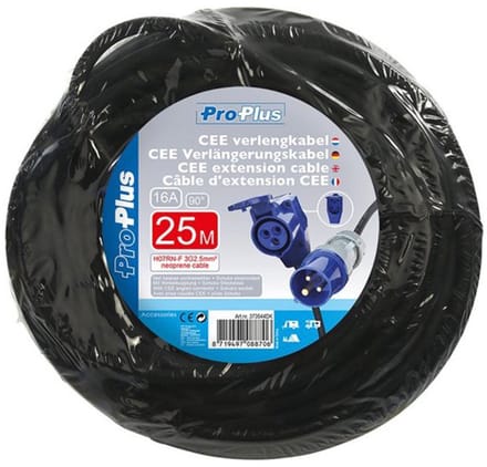 ProPlus CEE verlengkabel - 25M met haakse contrastekker + Schuko stopcontact - 3x2,5mm² - Zwart