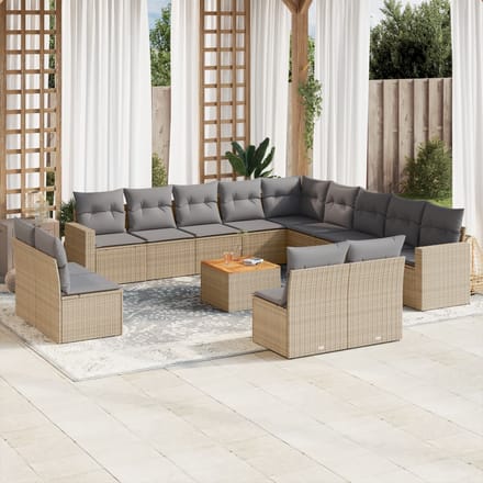 vidaXL - 14-delige - Loungeset - met - kussens - poly - rattan - beige