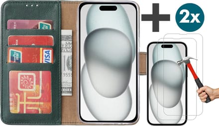 Hoesje met 2 Stuks Screenprotectors Geschikt voor iPhone 15 – Arara bookcase met pasjeshouder - Groen