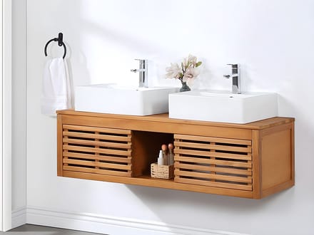 Vente-unique Zwevend badkamermeubel in acaciahout met dubbele wastafel - 130 cm - PENEBEL