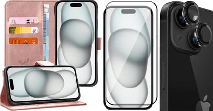 Hoesje geschikt voor iPhone 15 - Screenprotector FullGuard & Camera Lens Screen Protector Zwart - Book Case Kunstleer Pasjeshouder Rosegoud