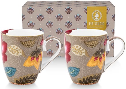 Pip Studio Blooming Tales khaki - Mokken set van 2 - 365ml - geschenkdoos - Porselein