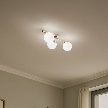 Domiluce Plafondlamp Drum, goudkleurig, 3-lamps, glas, lengte 46 cm
