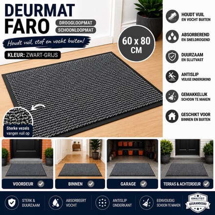 Wicotex - Deurmat - schoonloopmat Faro - Afmeting 60x80cm - Kleur Zwart - Grijs