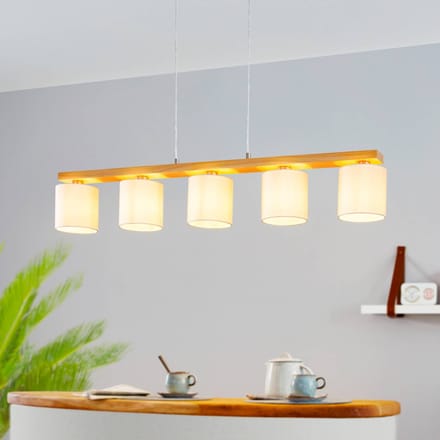 EGLO Castralvo hanglamp, lengte 115 cm, hout/wit, 5-lamps, stof