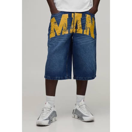 Longline Stijve Denim Jorts Met Man-print | Mid Blue | Size 30