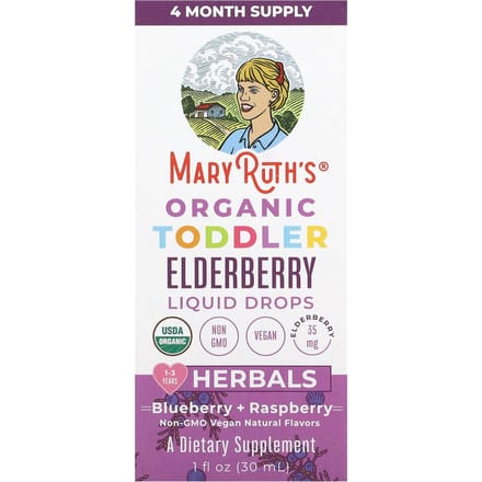 MaryRuth's, Biologische Vlierbes Vloeibare Druppels voor Peuters, Blauwe Bes + Framboos, 1 fl oz (30 ml)