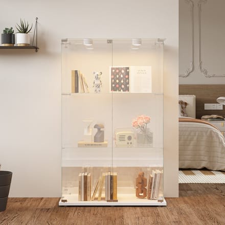 Glazen Vitrinekast 2 Deuren – 3 Planken – Spot Verlichting – Afsluitbaar – Wit
