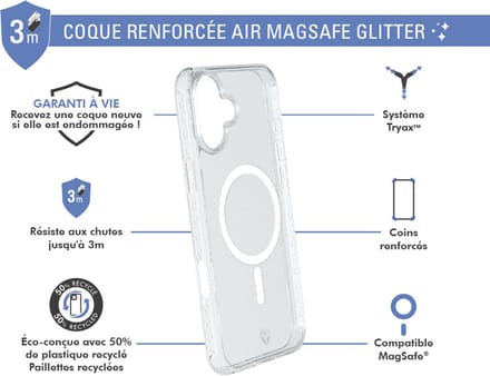 Force Case, Hoesje geschikt voor iPhone 16 Plus - MagSafe AIR Versterkt Tryax System 3m met Glitters, Transparant