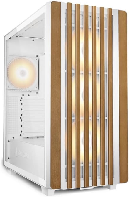 Stijlvolle Witte ATX PC Behuizing met Houten Accent en RGB Fans