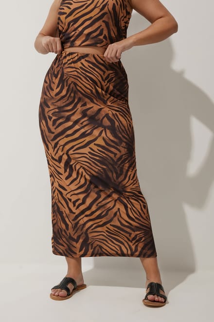 Limited Collection Midaxi Rok Van Jersey Met Zebraprint In Bruin/Zwart Size 48