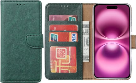 Hoesje Geschikt voor iPhone 16 – Arara bookcase met pasjeshouder - Groen