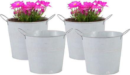 Mega Collections Emmer/plantenpot/bloempot - 4x - zink - whitewash - D14 x H12 cm