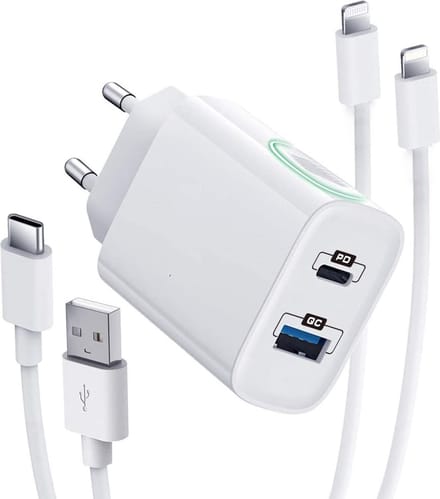 2-Poorten Oplaadstekker met 2x Oplader Kabel - Geschikt voor iPhone Snellader USB C