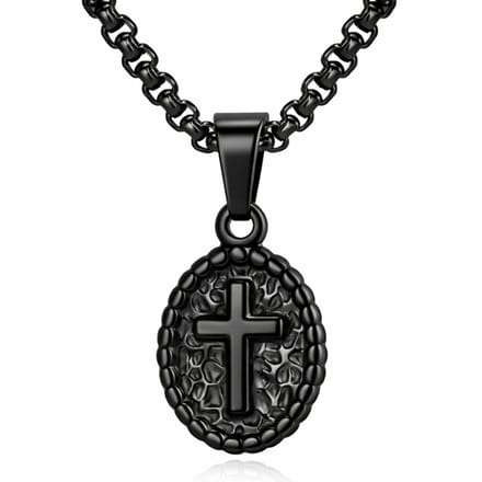 Mendes Zwarte Heren Ketting met Ovale Kruis Hanger