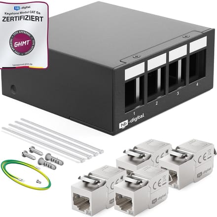 Patchpaneel 4 Poorts CAT6a STP RJ45 Keystone Module, 1HE, 10 Gbps