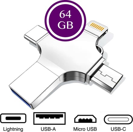 Femur 4-in-1 Usb Stick 64 GB - Geheugenkaart - USB 3.0 + USB C + Lightning + Micro USB aansluiting