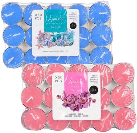 Acorde theelichtjes - 60x - 30x ocean - 30x orchidee - aroma/geurkaarsen