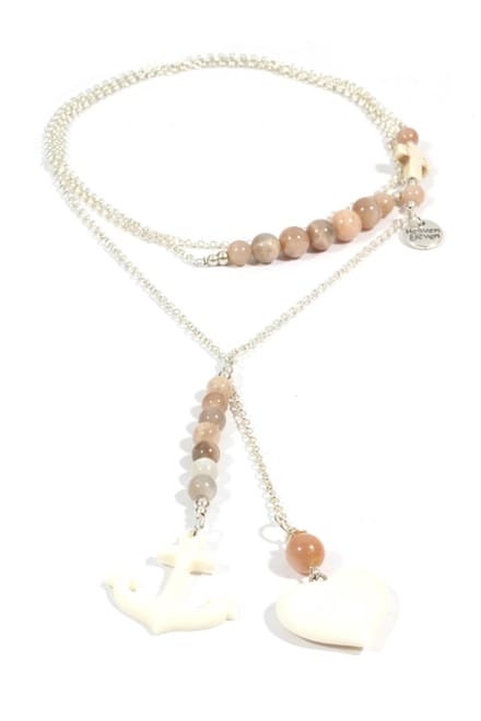 Heaven Eleven - dames Ketting - zilver plating - zonnesteen kralen - wit hertegewei - hart - anker