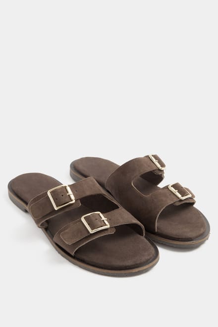 Yours Chocoladebruine Muilsandalen Met Dubbele Gesp En Voetbed In Extra Brede Eeepasvormsize 37EEE
