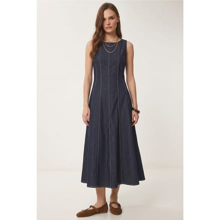 A-lijn Midi Denim Jurk met Ronde Hals