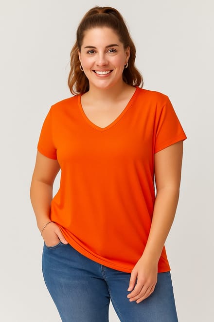 Dames XL V-Hals Basic Kortemouw T-Shirt, Oranje