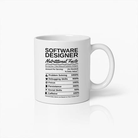 Software Designer Mok – Grappige Nutritional Facts Koffiebeker – Perfect Cadeau voor Programmeurs & Ontwikkelaars