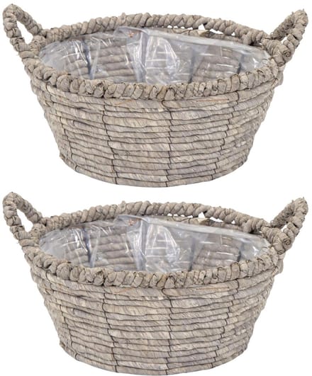 Mega Collections Opbergmand Sneek - 2x - grijs - riet - D29 x H13 cm