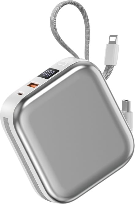 WiWU Powerbank 10000mAh - Type-C en Lightning kabel - Draadloos opladen - Digital display - Wit