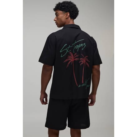 St Tropez Oversized Shirt & Short Set Met Rugprint | Black | Size Medium