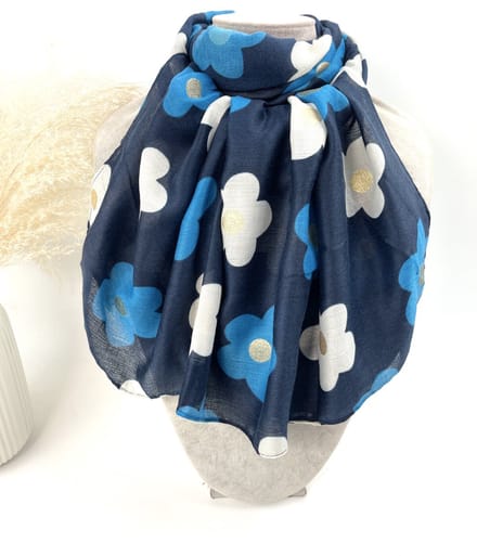 Lange dames sjaal Lore-gebloemd motief-donker blauw wit goud turquoise