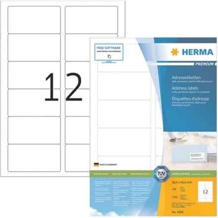 Herma premium-adresetiketten nr. 4666 op A4-bladen, 1200 etiketten, 100 vellen