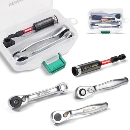 Mini Ratelsleutel en Bit Houder Set - 4 Stuks, 1/4" Drive, 72-Tands Mechanisme, Ideaal voor Krappe Ruimtes