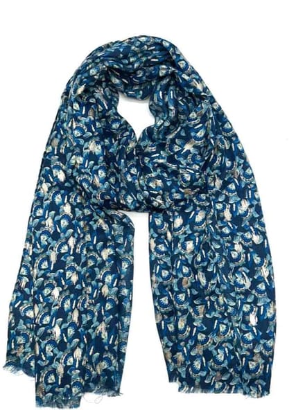 Lange dames sjaal Emilie-gebloemd motief-blauw wit grijs goud