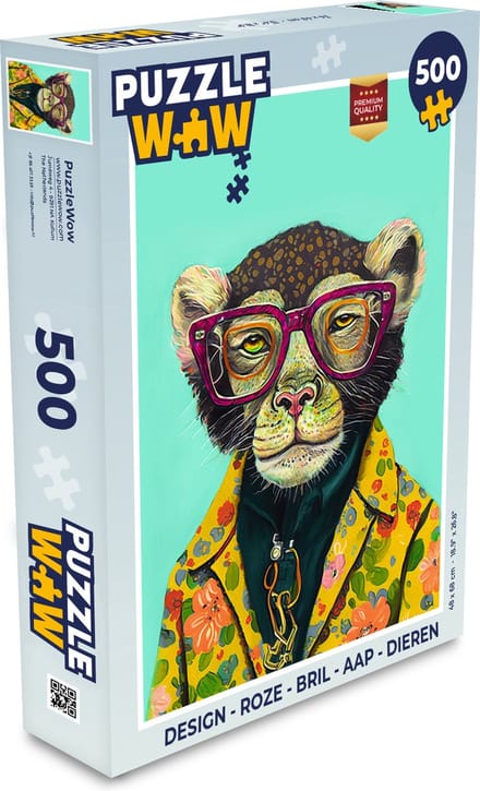 Puzzel Design - Roze - Bril - Aap - Dieren - Legpuzzel - Puzzel 500 stukjes