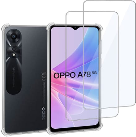 Geschikt voor Oppo A78 5G Hoesje + 2x Screenprotector – Gehard Glas Cover + Shock Proof Case – Transparant