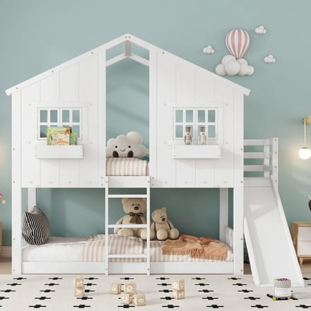 Stapelbed - 90x200 cm - Met Glijbaan - Dak en Venster - Grenenhout - Wit