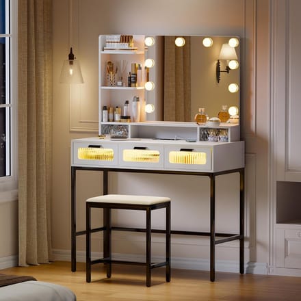 Witte Make-up Tafel met Spiegel, RGB LED Verlichting en Glasplaat
