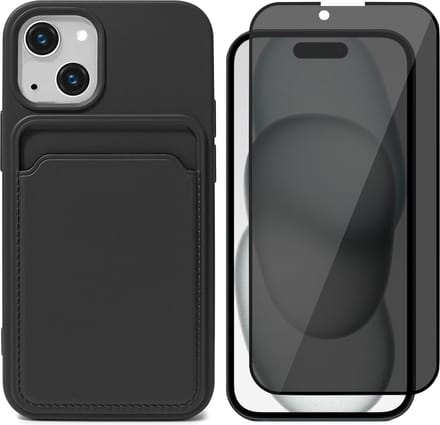 Hoesje Pasjeshouder geschikt voor iPhone 15 - Privacy Screenprotector FullGuard - Siliconen Case Back Cover Zwart & Screen Protector
