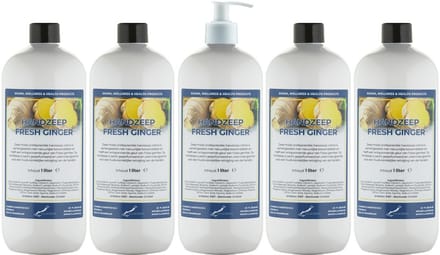 Handzeep Fresh Ginger 1 liter - set van 5 stuks - met gratis pomp - Voordeelverpakking