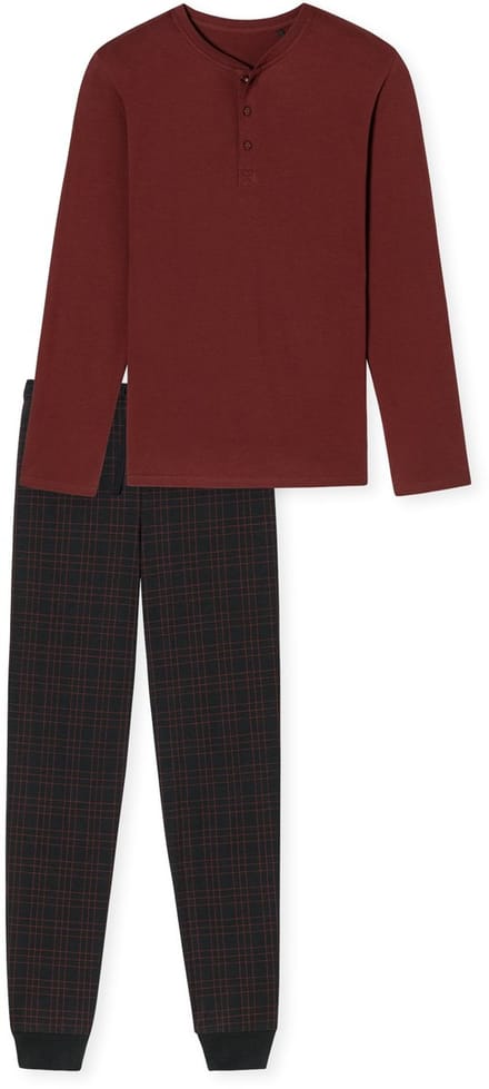 SCHIESSER Fine Interlock pyjamaset - heren pyjama lang interlock manchetten knoopsluiting geruit terracotta