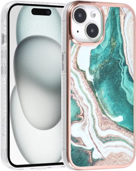 Multimedia & Accessoires Siliconen Marmer Harde Back Cover Case Hoesje geschikt voor Apple iPhone 15 Plus – TPU – Harde Plastic – Groen