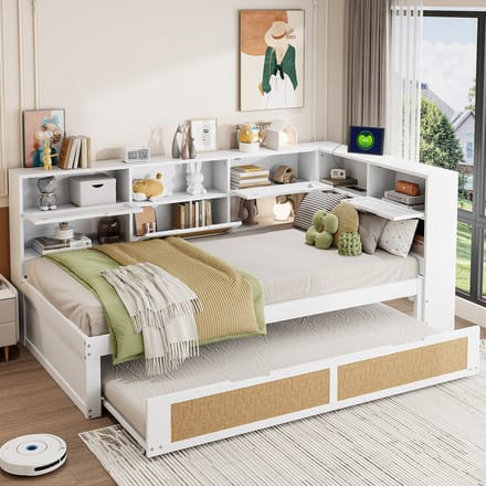 MODFU Bedframe 90x200 cm – Multifunctioneel met uitschuifbed, opbergruimte en USB – Massief hout – Wit