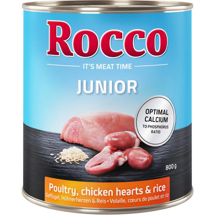 24x800g Junior Kippenhartjes & Rijst + Calcium Rocco Hondenvoer