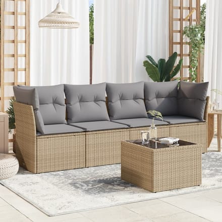 vidaXL - 5-delige - Loungeset - met - kussens - poly - rattan - beige