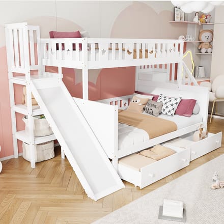 Sweiko Stapelbed - 90×200/140×200 cm - Met glijbaan - 2 lades - Opbergplank - Wit