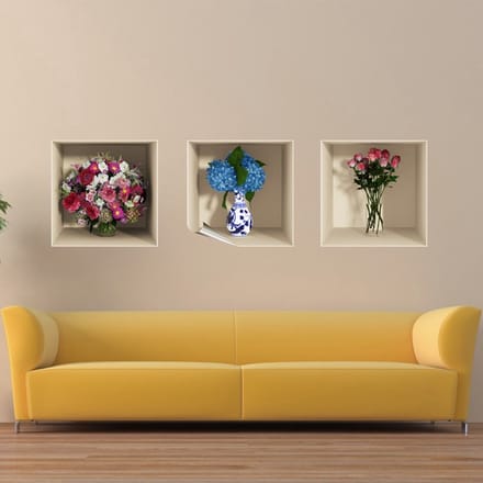 Sticker met 3D-effect, met roze en blauwe bloemen, 30 x 90 cm